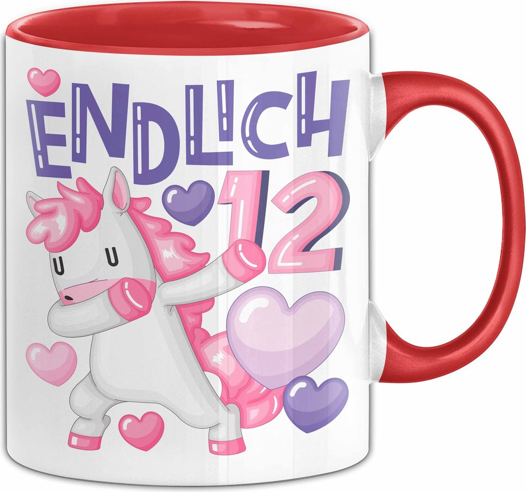 12. Geburtstag Geschenk Tasse Becher Mädchen Einhorn Geburtstagsgeschenk Tochter Endlich 12 (Rot)