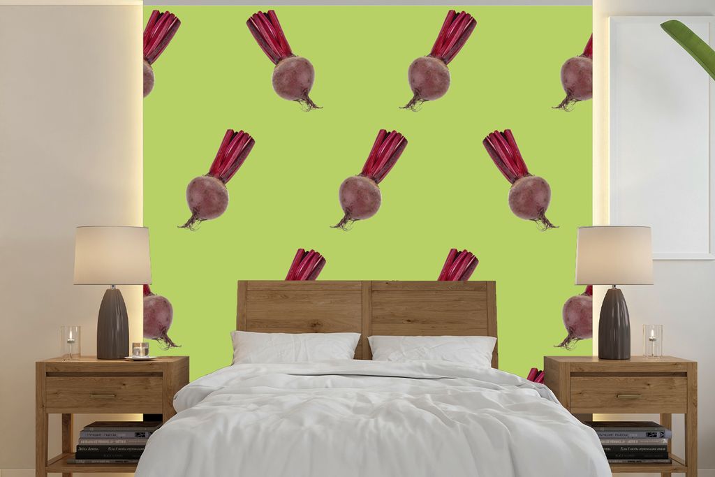 MuchoWow Fototapete für Wohnzimmer oder Schlafzimmer Wandtapete Vinyl Motivtapete Gemüse - Rote Bete - Muster - Grün - 220x220 cm - Tapeten