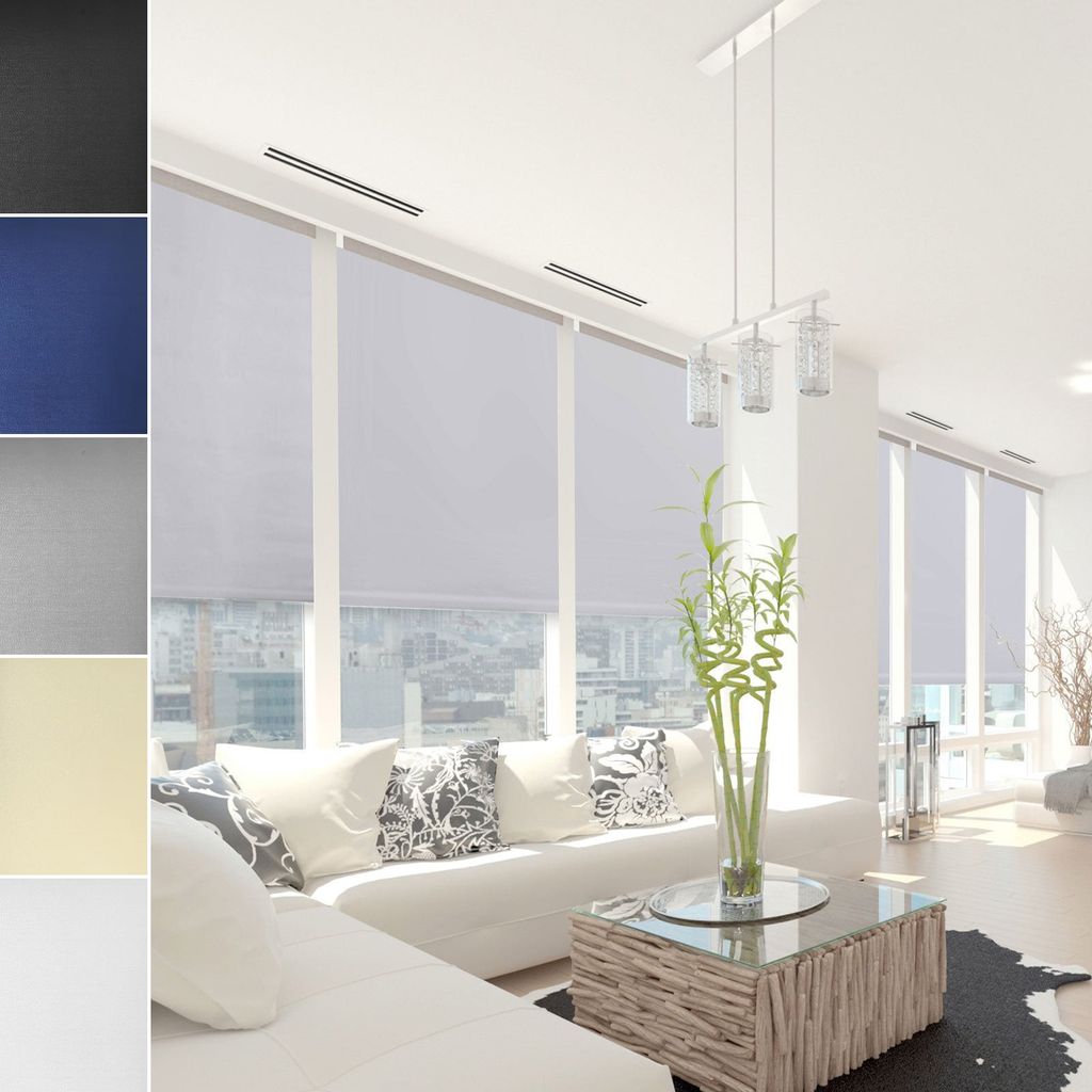 A collage of fabric swatches and a living room scene with large windows and roller blinds.
