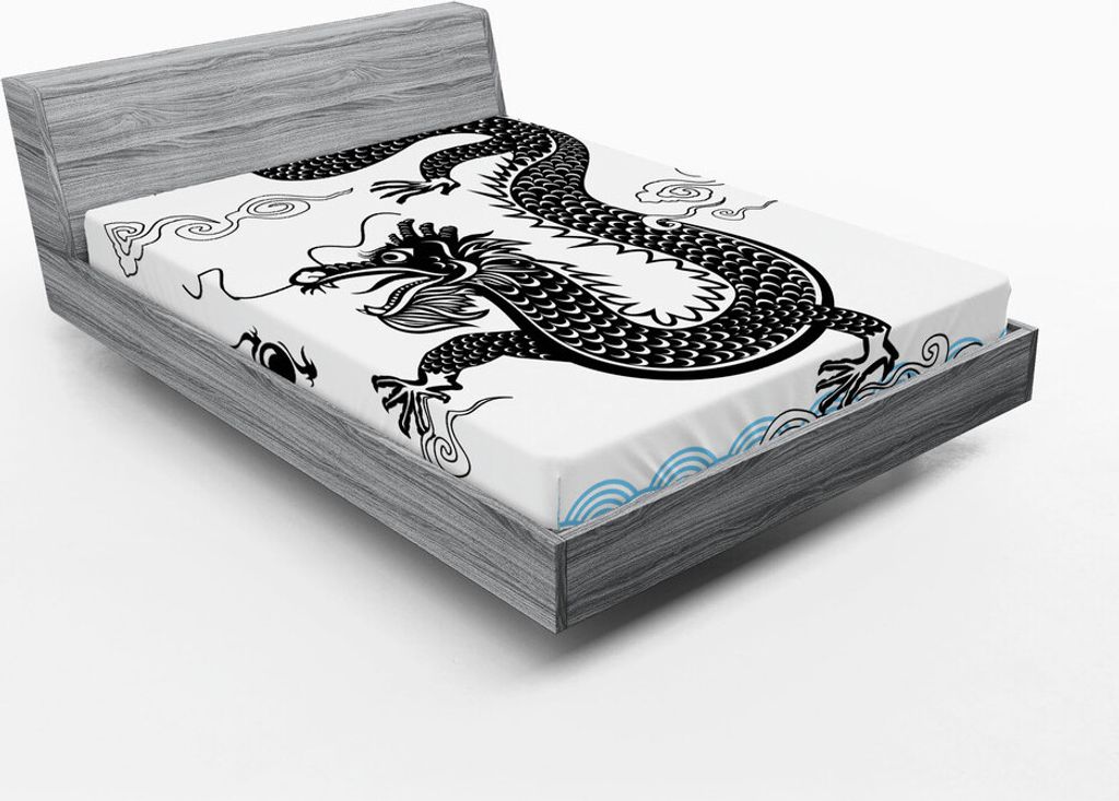 ABAKUHAUS Drachen Spannbetttuch, Lustiger traditioneller Chinese-Drache an den Meereswellen mit heiligem Kalligraphie-ethnischem Druck, 120 x 190 c...