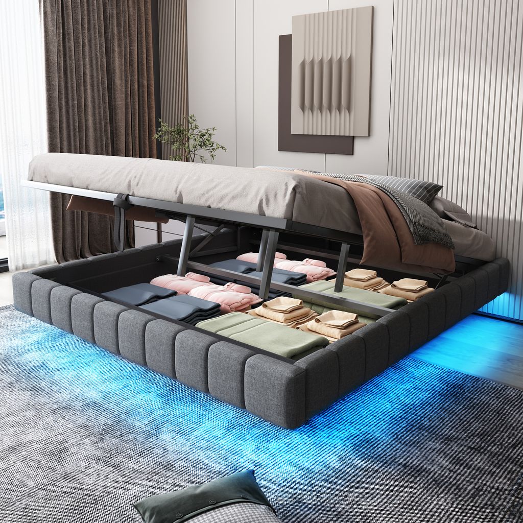 Flieks Hydraulisches Polsterbett 180x200cm ohne Kopfteil, Boxspringbett Stauraumbett Doppelbett mit LED, Jugendbett Holzbett, Leinen, Grau