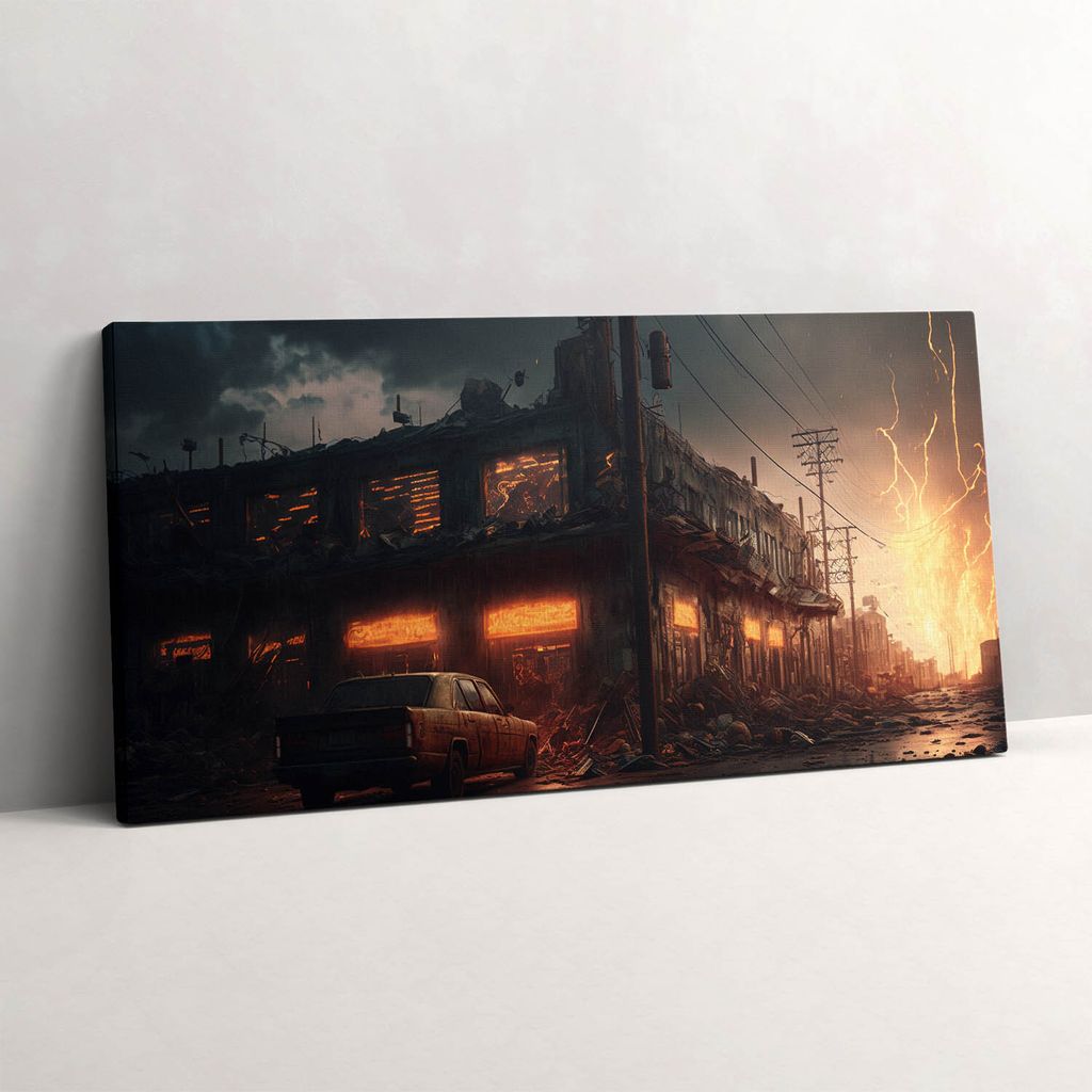 Apokalyptisches Gebäude – Leinwandbild Wandbild – 140x70 cm – Leinwandbilder – Wandbilder – Schlafzimmer – Flur