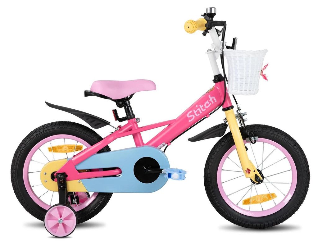 Macaron Kinderfahrrad - 14 Zoll (35 cm) Räder - Mit Stützrädern - Mit Korb - Metallrahmen - Für Mädchen und Jungen - Rosa