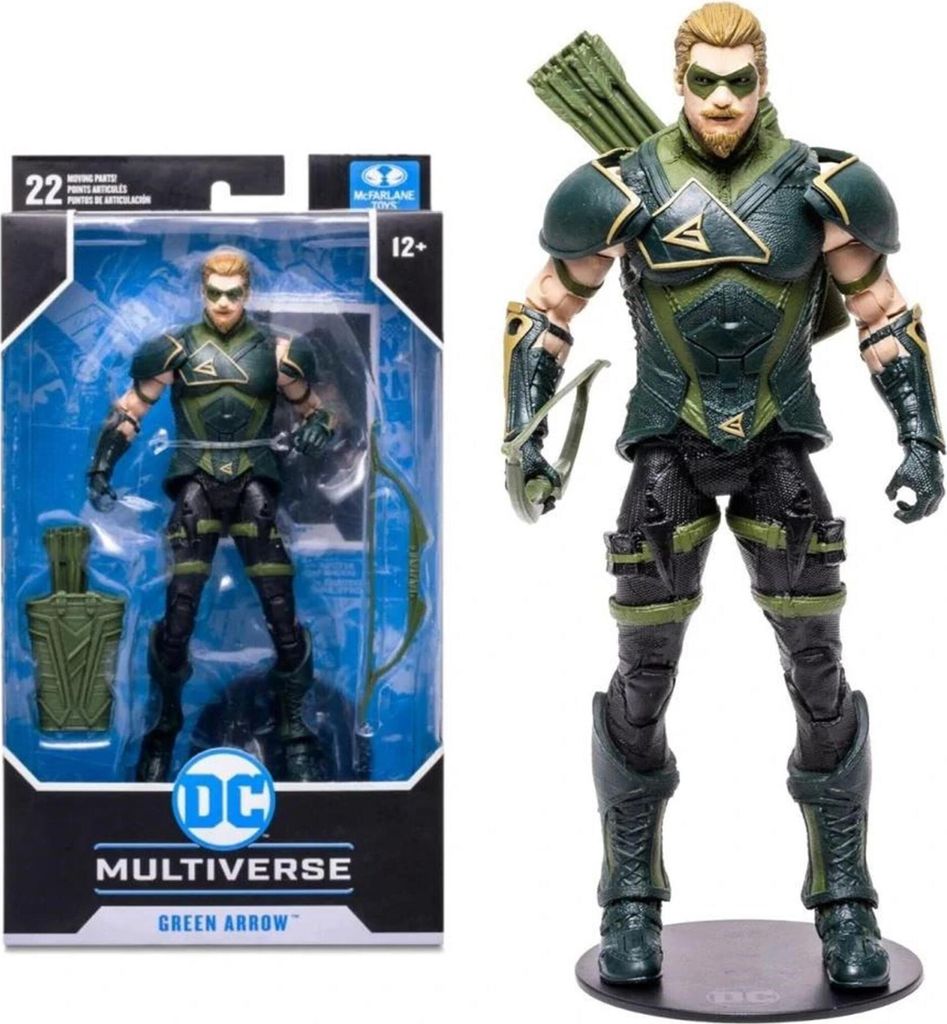 A DC Multiverse Green Arrow action figure in its packaging and displayed on a stand.