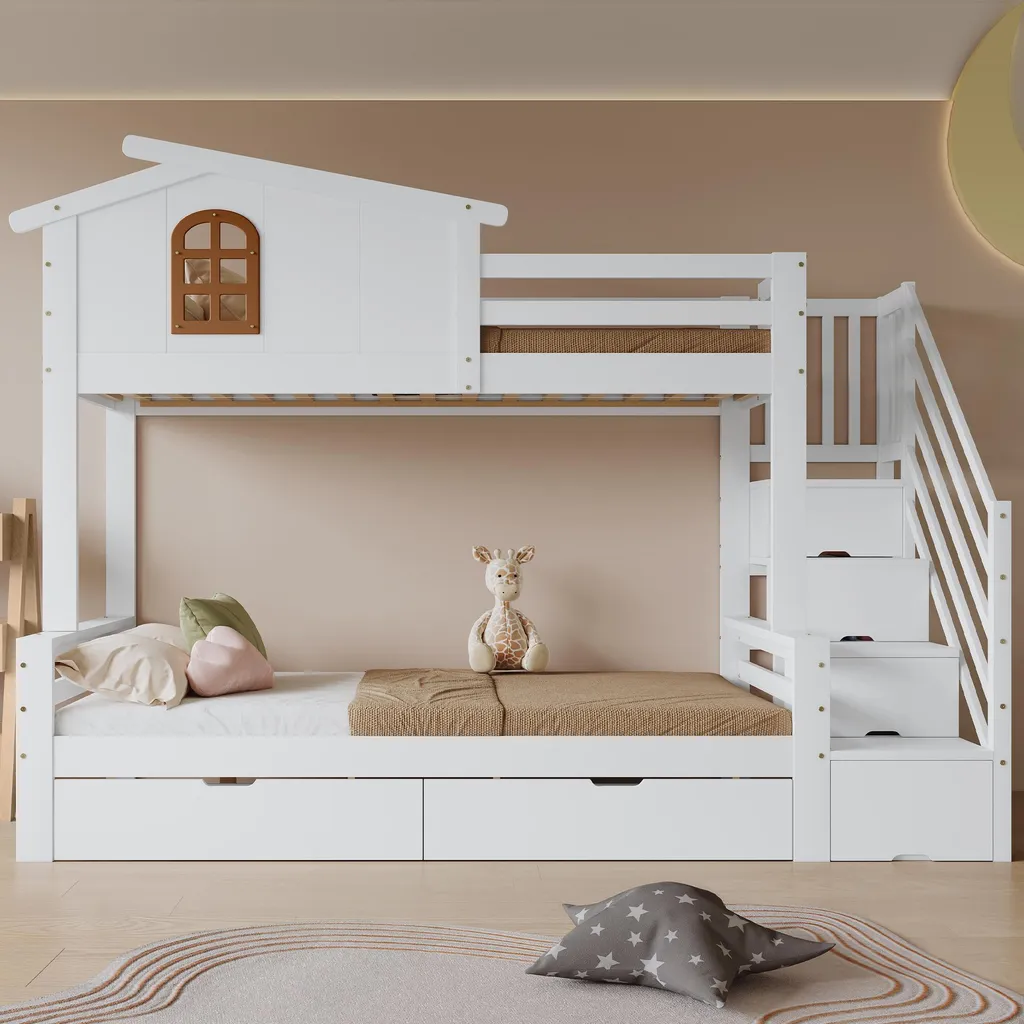 Lit Superposé Cabane en Pin avec Fenêtre et Tiroirs de Rangement