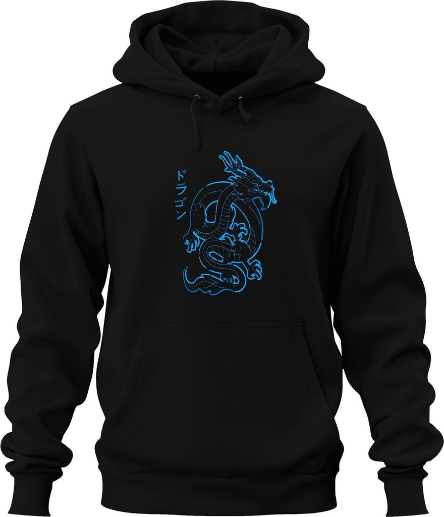 Japanischer Drache Neon Blau Katakana ドラゴン Cyberpunk Yakuza Retro Uni Hoodie Kapuzenpullover, Schwarz, M