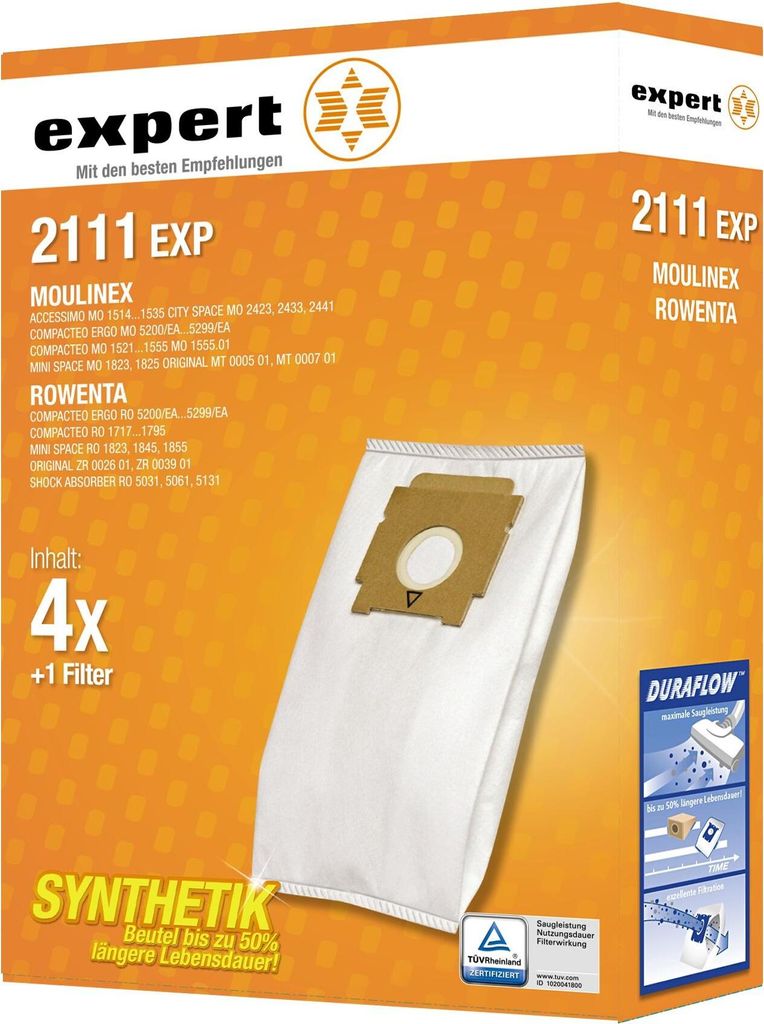 The image shows the packaging for expert brand vacuum cleaner bags, model 2111 EXP, compatible with Moulinex and Rowenta models.