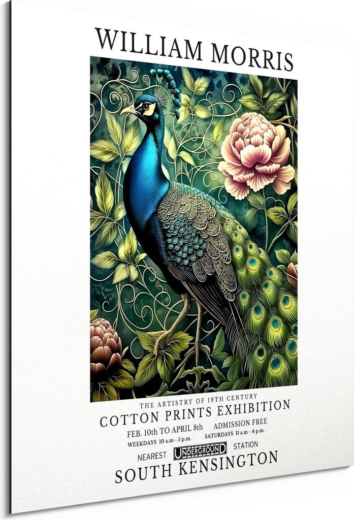 DEQORI Alu-Dibond Bild Weiß 30x30 cm 'Pfau im Blütenornament' Wandbild Metall dünn Design