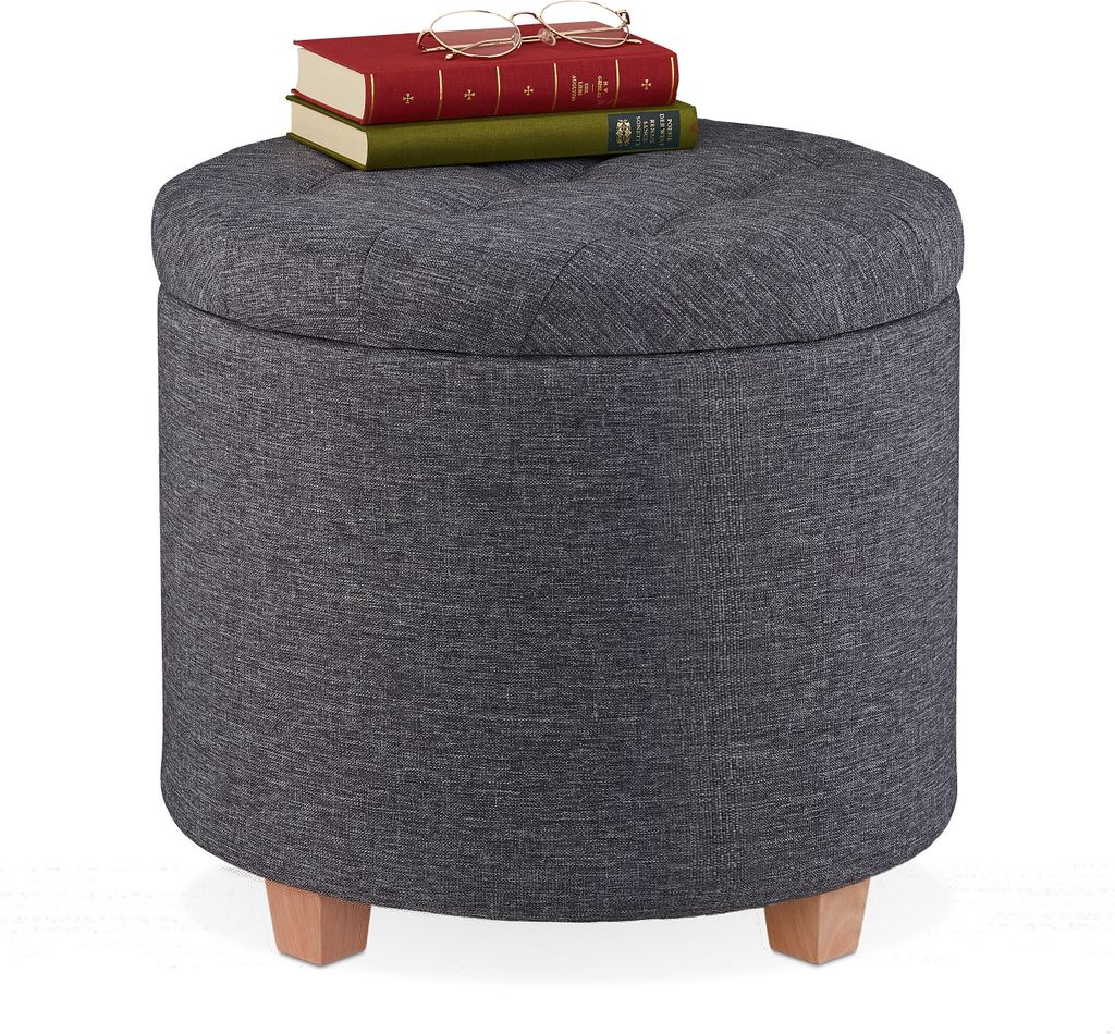 Relaxdays Sitzhocker mit Stauraum, gepolsterter Hocker rund, für Wohnzimmer, Leinen-Optik, H x D: 41 x 44 cm, dunkelgrau