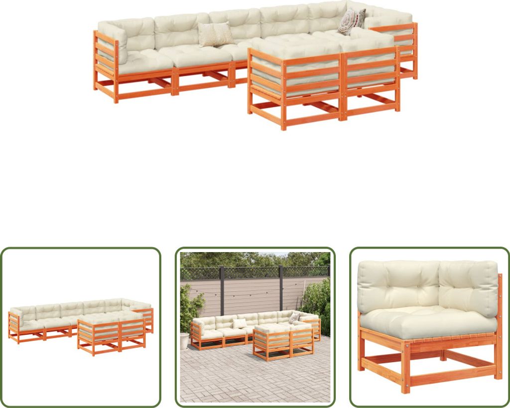 The Living Store 8-tlg. Garten-Sofagarnitur mit Kissen Wachsbraun Kiefernholz