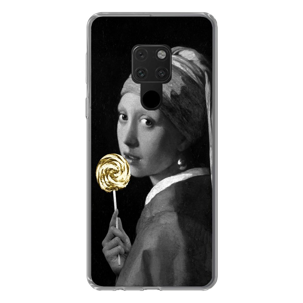 MuchoWow Handyhülle Schutzhülle Hülle für Huawei P40 Lite Mädchen mit Perlenohrring - Lollipop - Schwarz und Gold Silikon Softcase Handy Hü...