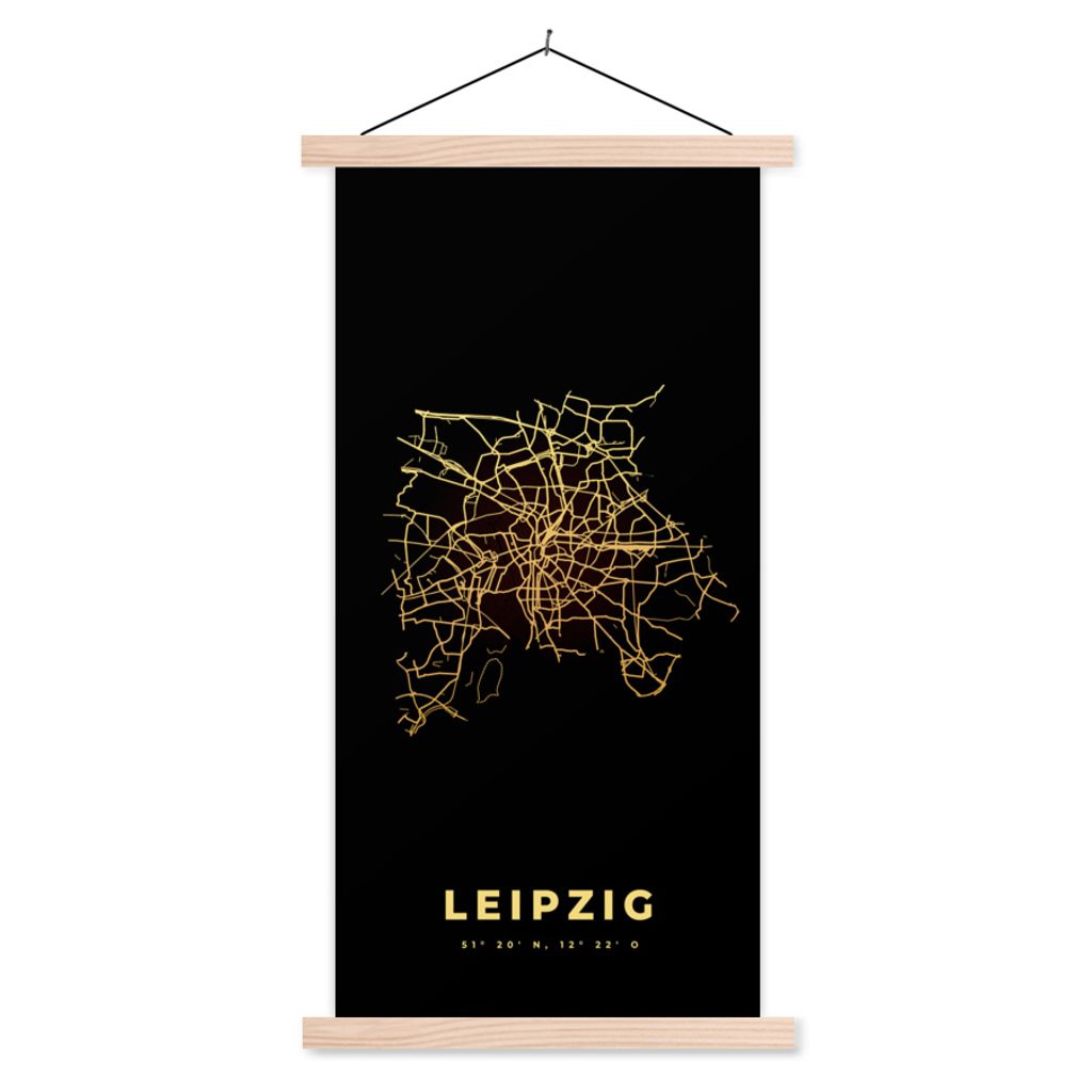 MuchoWow Textilposter Leipzig - Gold - Karte - Stadtplan 40x80 cm mit holzfarbenen Rahmen - Wohnzimmer