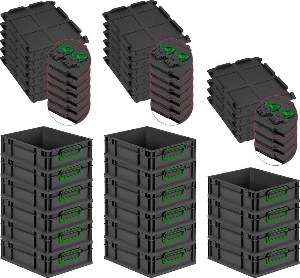 SuperSparSet 16x Eurobox NextGen Color mit Scharnierdeckel und Schiebeschnappverschlüssen | HxBxT 12x30x40cm | 11 Liter | Schwarz | Griffe grün g...