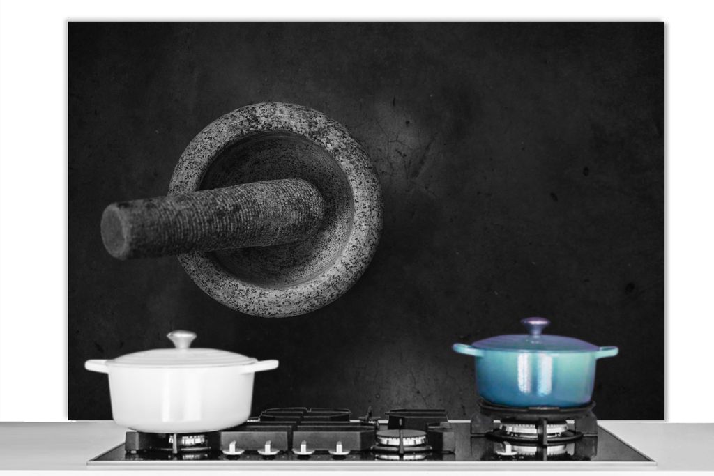 KitchenYeah Spritzschutz Küche - Küchenrückwand - Wandschutz für Herd und Spüle - Eine Schwarz-Weiß-Fotografie eines Mörsers 120x80 - Alu-...