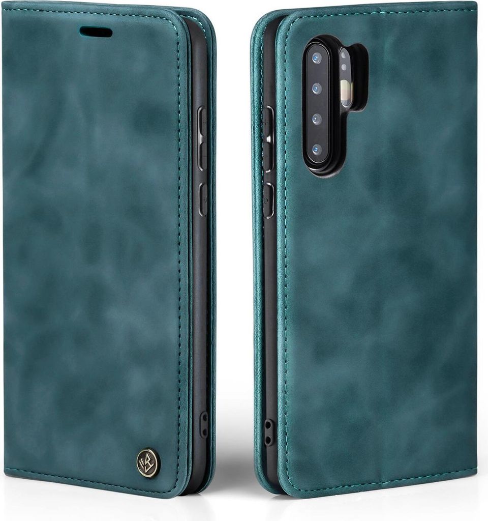 A teal flip case for a smartphone is shown from two angles.
