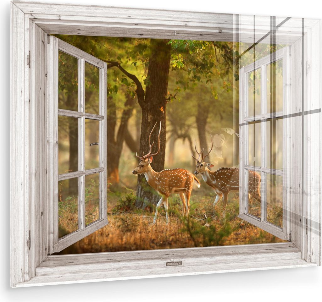 MuchoWow Glasbilder - Bilder auf Wandbild - Foto auf Glas Hirsche - Wald - Herbst - Waldtiere - Natur - Hirsche - Durchschauen 80x60 cm Wanddekorat...