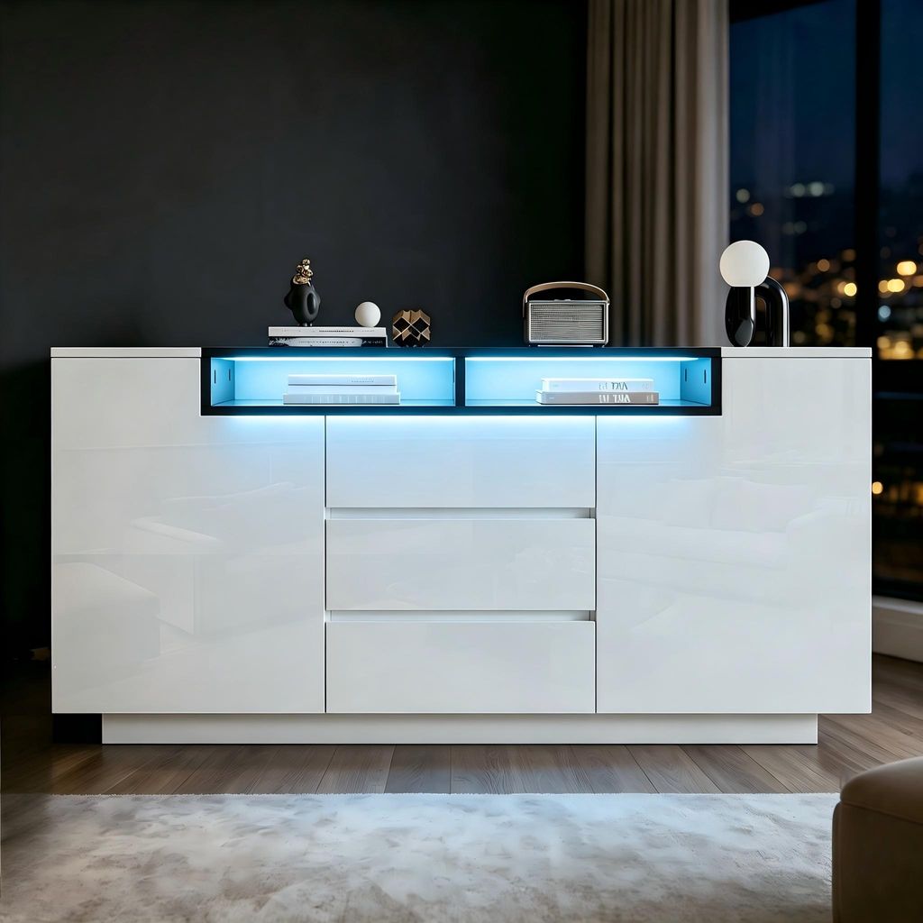 Merax Sideboard brillant avec LED, commode avec 3 tiroirs Image du produit 