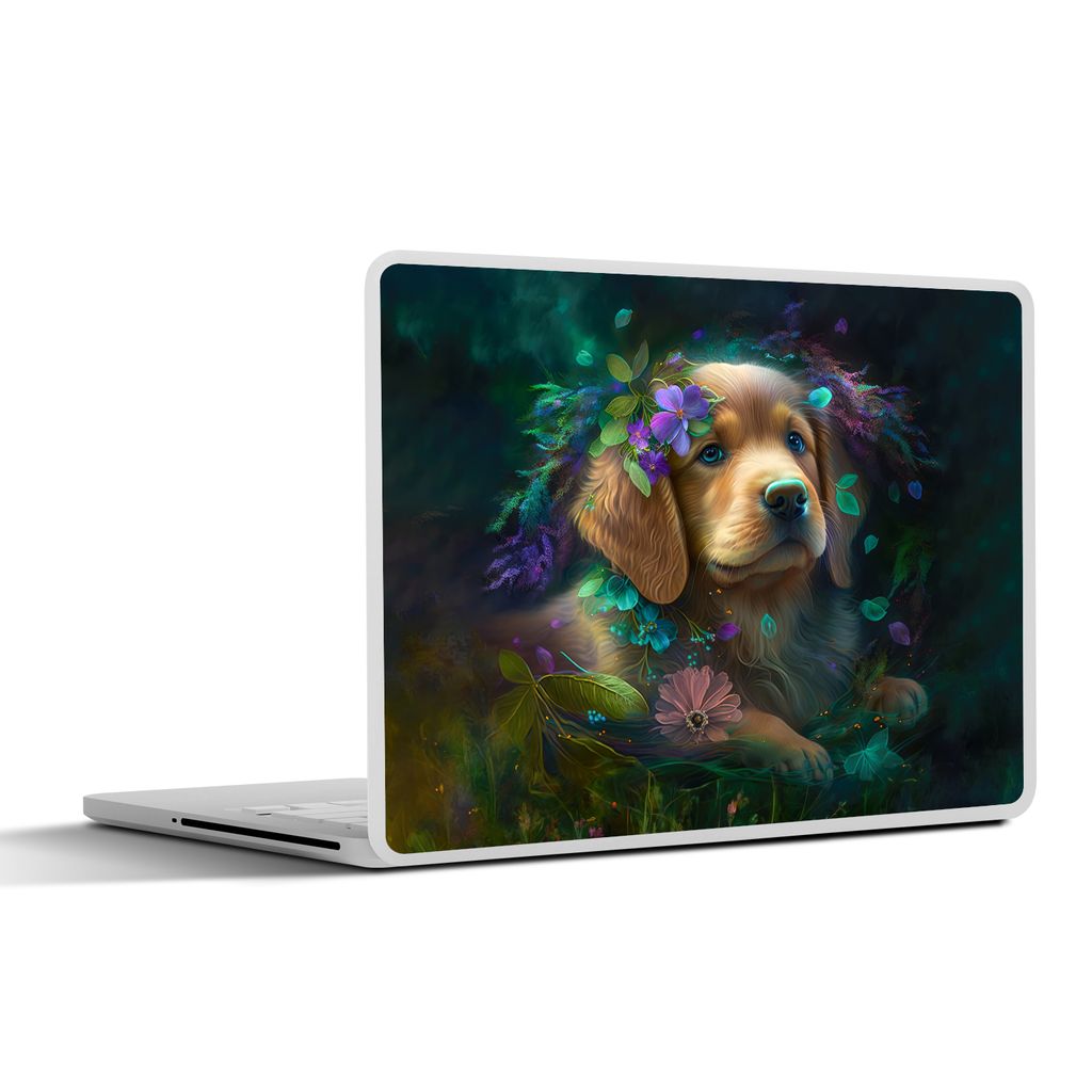 MuchoWow Laptop Aufkleber Sticker Cover Hund - Welpe - Blumen - Natur - Golden Retriever 32.5x23.5 cm - Sticker für Laptop - Selbstklebend