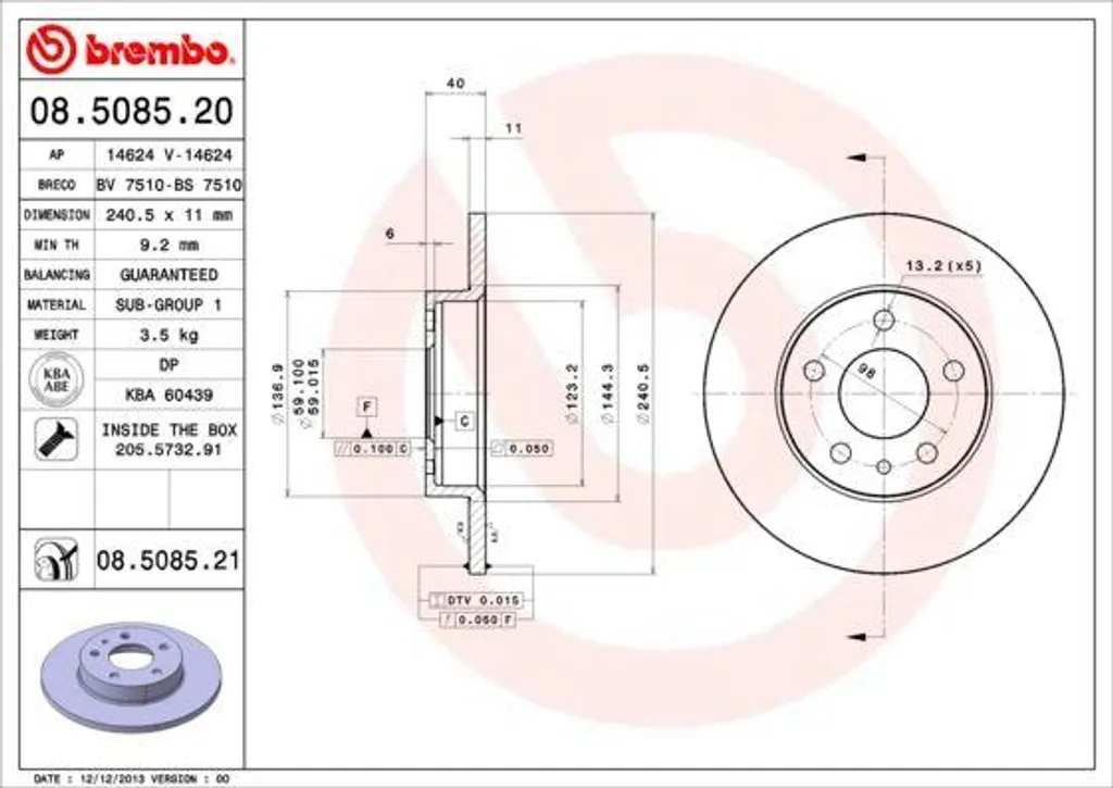 Disque de Frein Brembo Haute Performance OE 60571437 Alfa Romeo 916