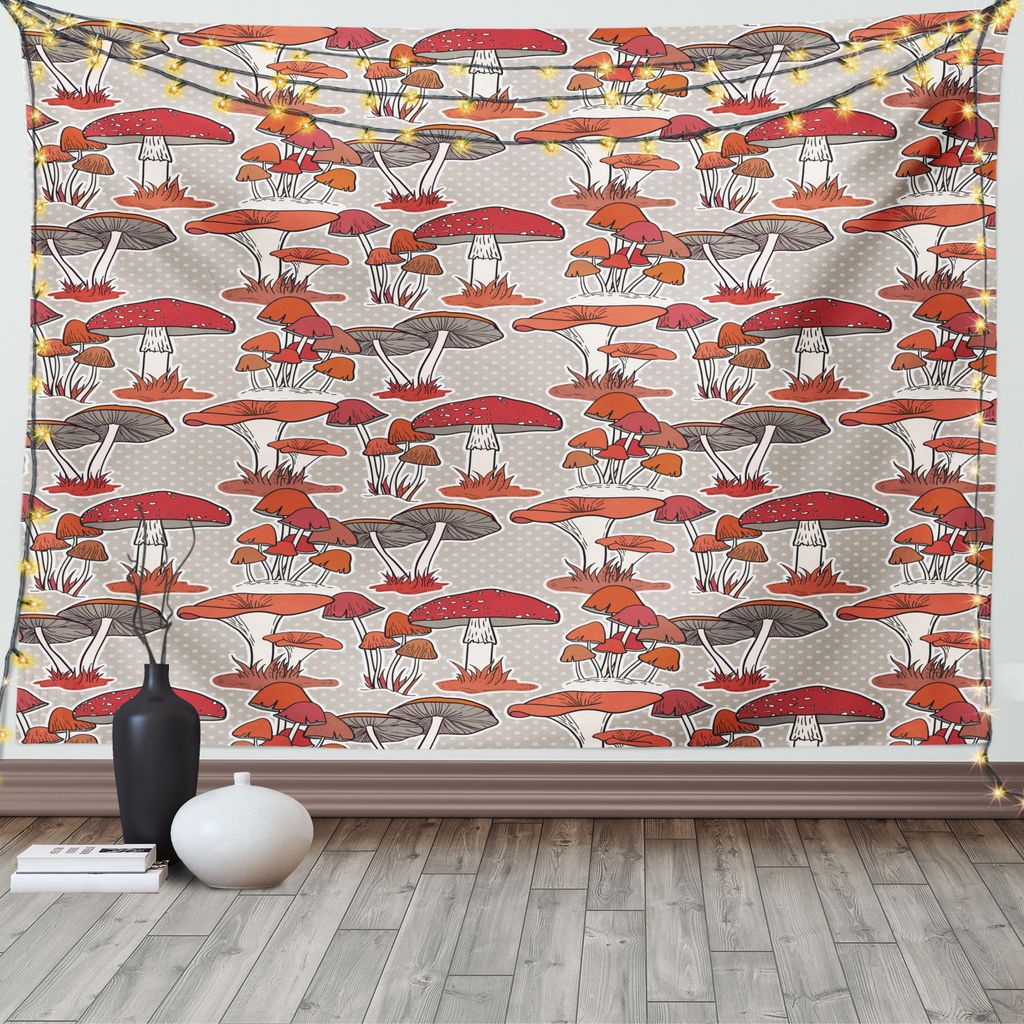 ABAKUHAUS Natur Wandteppich, Jungle Fall Pilze, Wohnzimmer Schlafzimmer Wandtuch Seidiges Satin Wandteppich, 150 x 100 cm, Rot Orange Tan