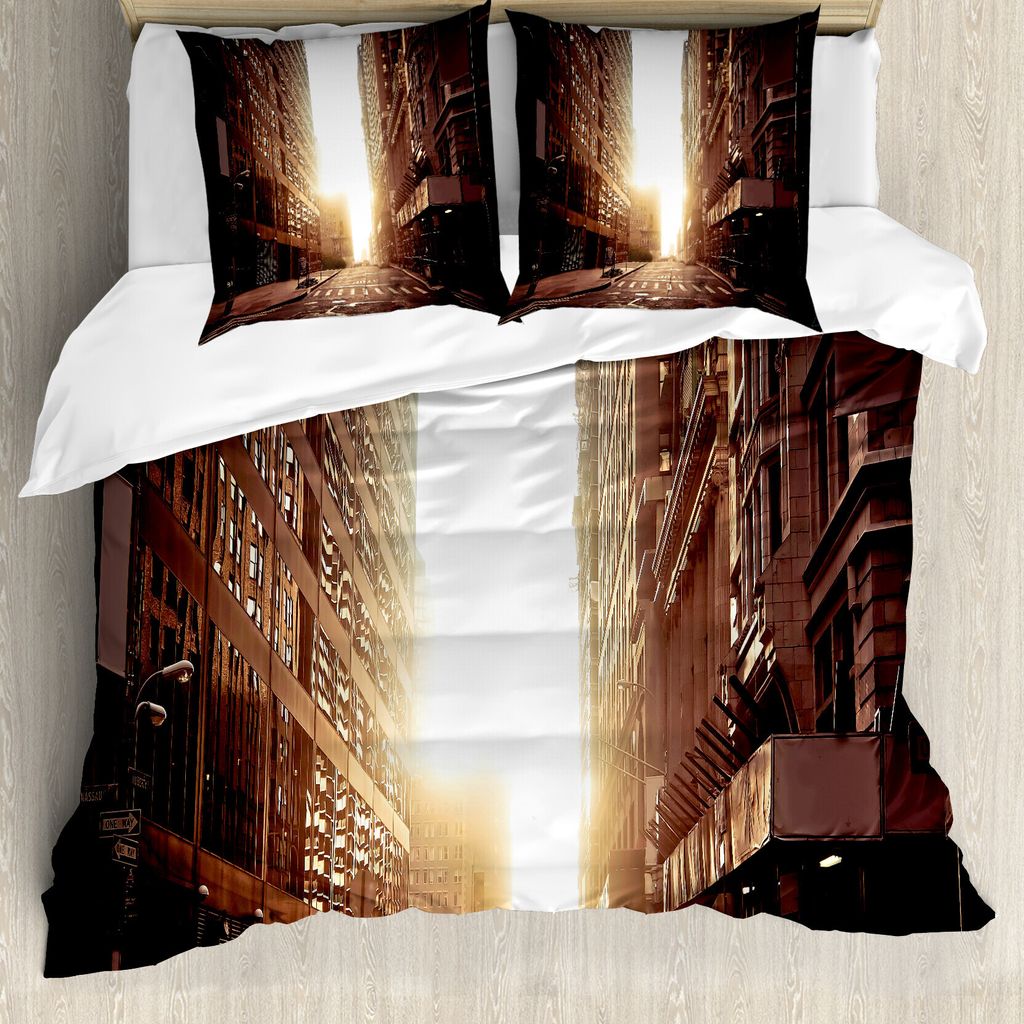 ABAKUHAUS Stadtansicht Bettbezugs Set Für Doppelbetten, Sonnenaufgang am frühen Morgen, Milbensicher Allergiker geeignet mit Kissenbezügen, Umbr...