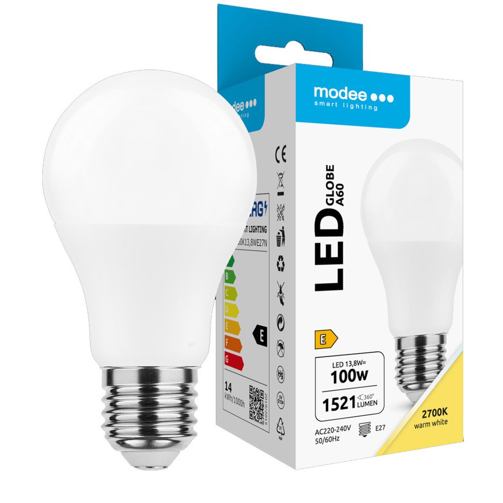 Modee E27 LED-Lampe 13,8 W - 1521 lm - 2700 K - Warmweiß - LED-Lampe A60 - Ersetzt 100-W-Halogen-Glühlampe