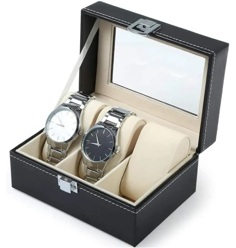 Boîte à montres 3 emplacements en similicuir noir avec vitrine en verre