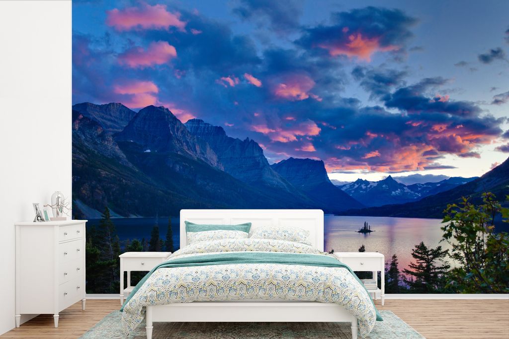MuchoWow Fototapete für Wohnzimmer oder Schlafzimmer Wandtapete Vinyl Motivtapete Sonnenuntergang über dem Bergsee - 525x350 cm - Das Hintergru...