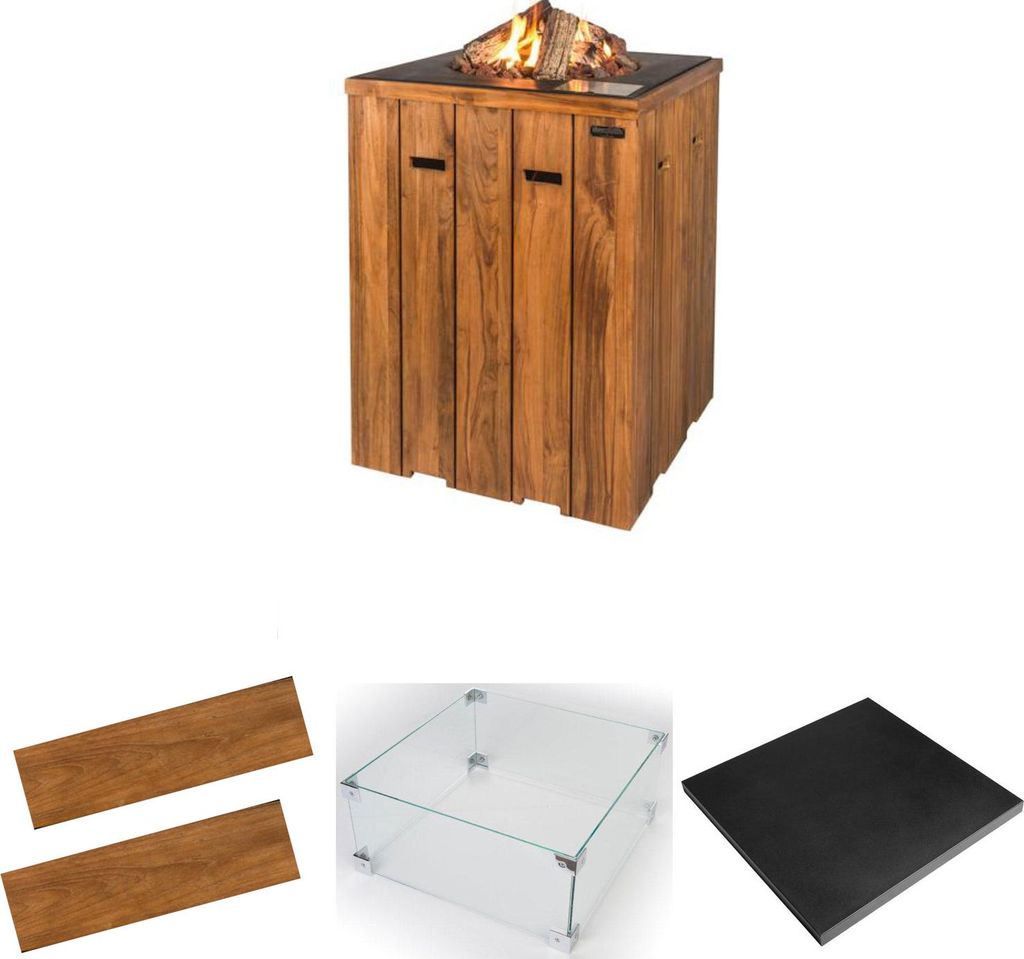 Happy Cocooning Mania Feuertisch Komplettset Stehtisch 19,5 kW quadratisch 76x76x100 cm Teakholz/schwarz