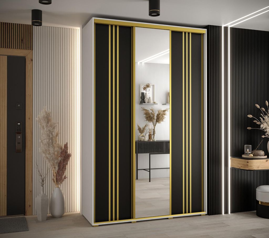 Kleiderschrank YVONA 7 – 150/45 cm, weiß/schwarz/gold