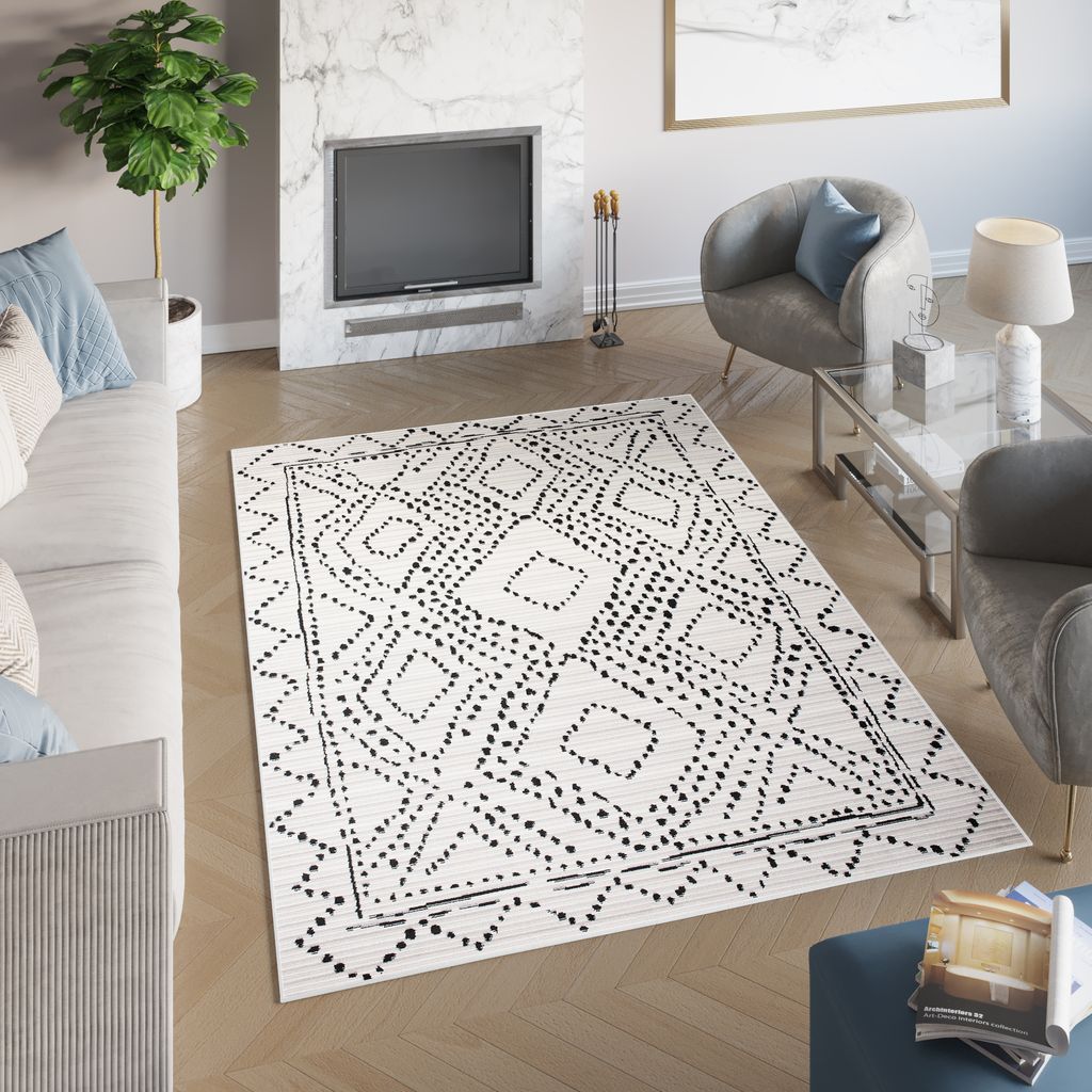 Teppich Wohnzimmer Indoor Küche Kurzflor Modern Design Sisal Optik Meliert Schwarz Creme Grau Ethno 140 x 200 cm