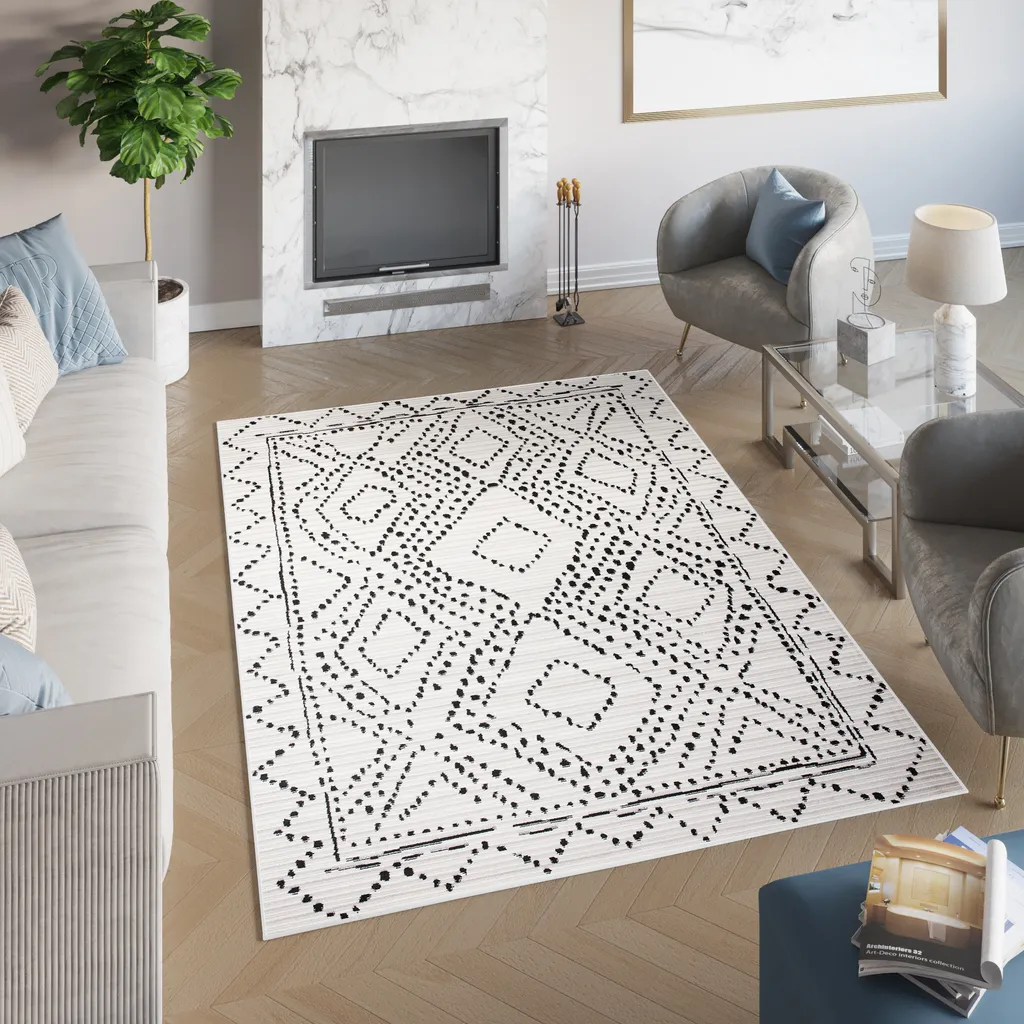 Tapis design ethnique tissage sisal résistant noir et crème 140x200 cm