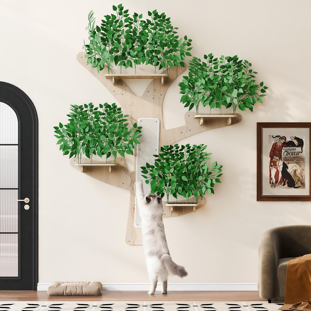 Wand-Kratzbaum in Baumform – Design Katzenkletterbaum aus massivem Kiefernholz, mit Kratzfläche & Plattformen, dekorativ & stabil, 155×210 cm- ...