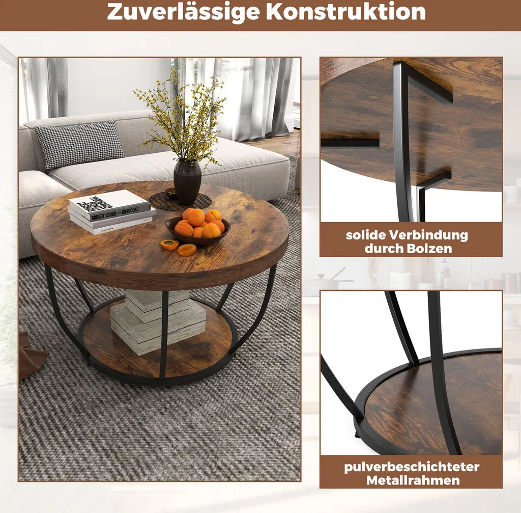 Table basse robuste 80cm avec rangement à 2 étages et structure acier
