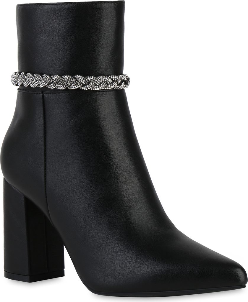 VAN HILL Damen Leicht Gefüttert Klassische Stiefeletten Spitze Strass Schuh 841318, Farbe: Schwarz, Größe: 36