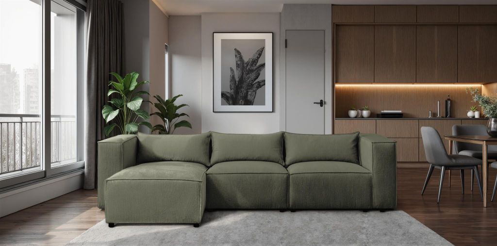 Ecksofa Designersofa NEVIO in Stoff Lincoln Moosgrün Ottomane Links