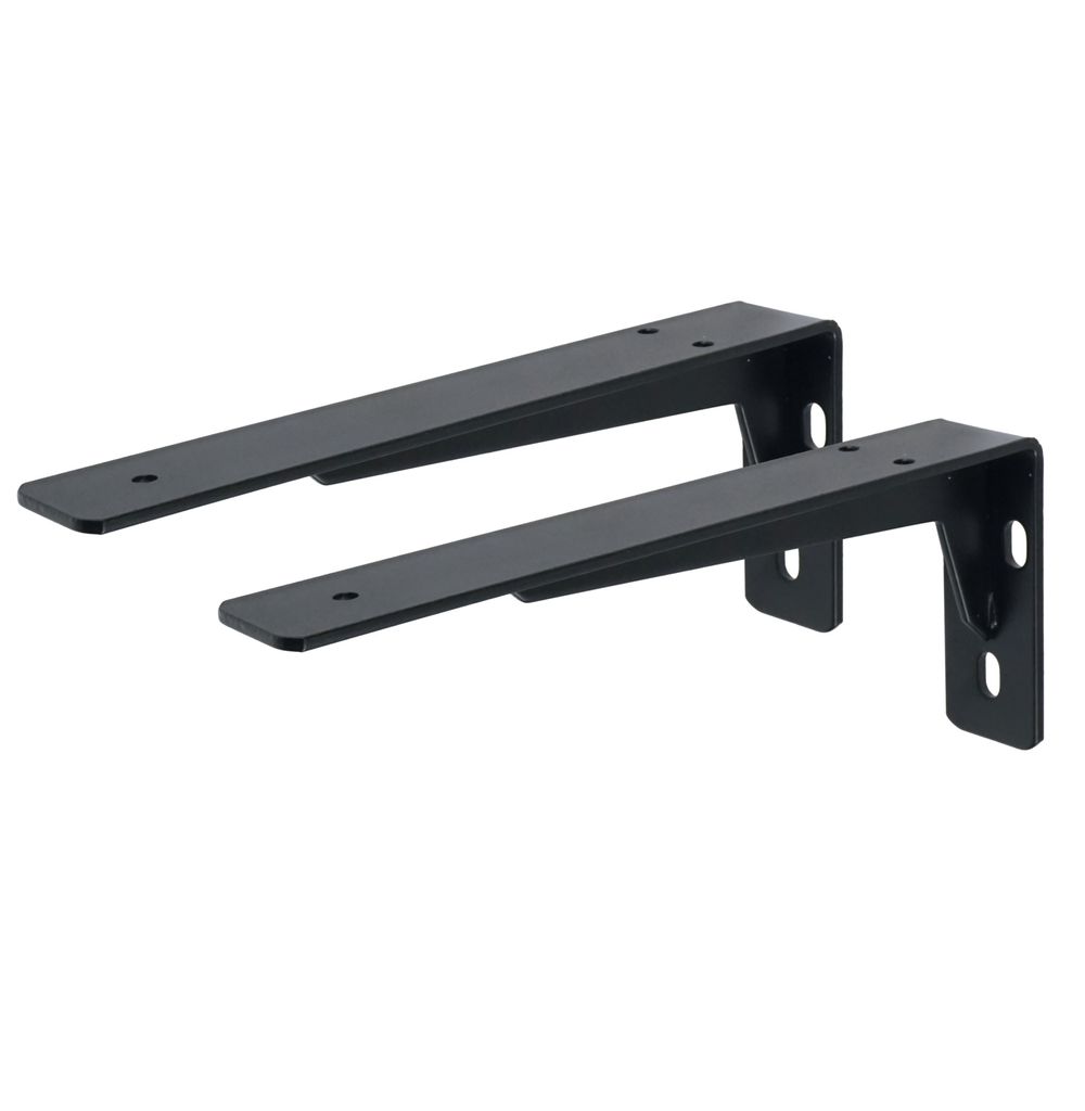 Two black metal shelf brackets are shown against a white background.