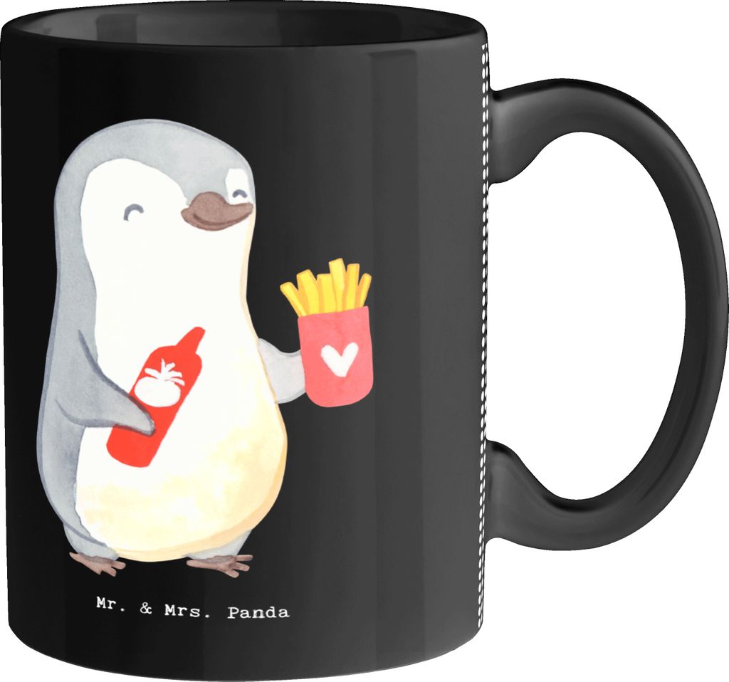 Mr. & Mrs. Panda Tasse Imbissbesitzer Herz - Schwarz - Geschenk, Pommes mit Ketchup, Teetasse, Becher, Kaffeepott, kaffeebecher keramik, Pommeslieb...