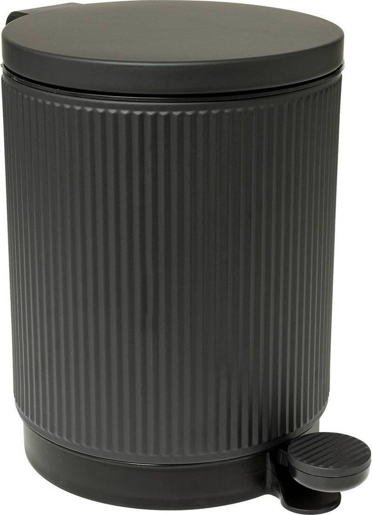 A black pedal bin with a ribbed texture.