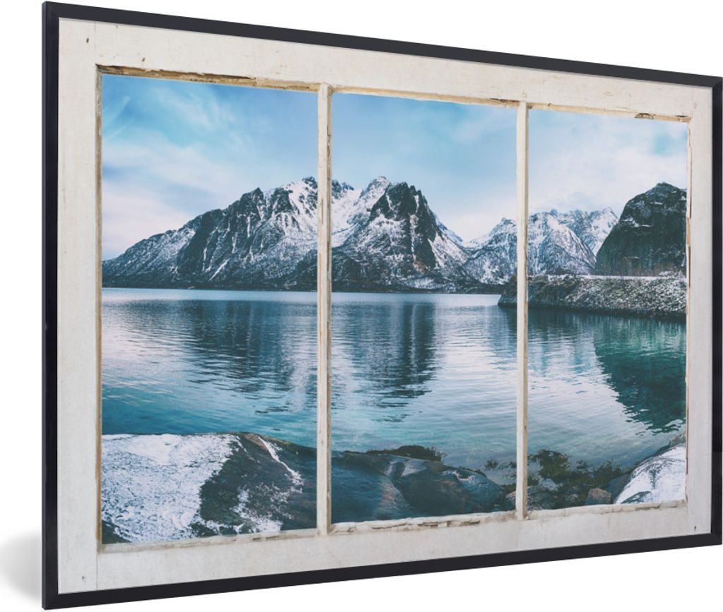 MuchoWow Gerahmtes Poster Aussicht - Berge - Winter 90x60 cm - Poster mit Schwarzem Bilderrahmen Wandposter Rahmen Foto Bilder - Fotorahmen - Fot...