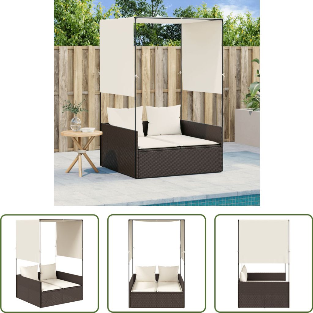 The Living Store Doppel-Sonnenliege mit Dach und Vorhängen Braun Poly Rattan