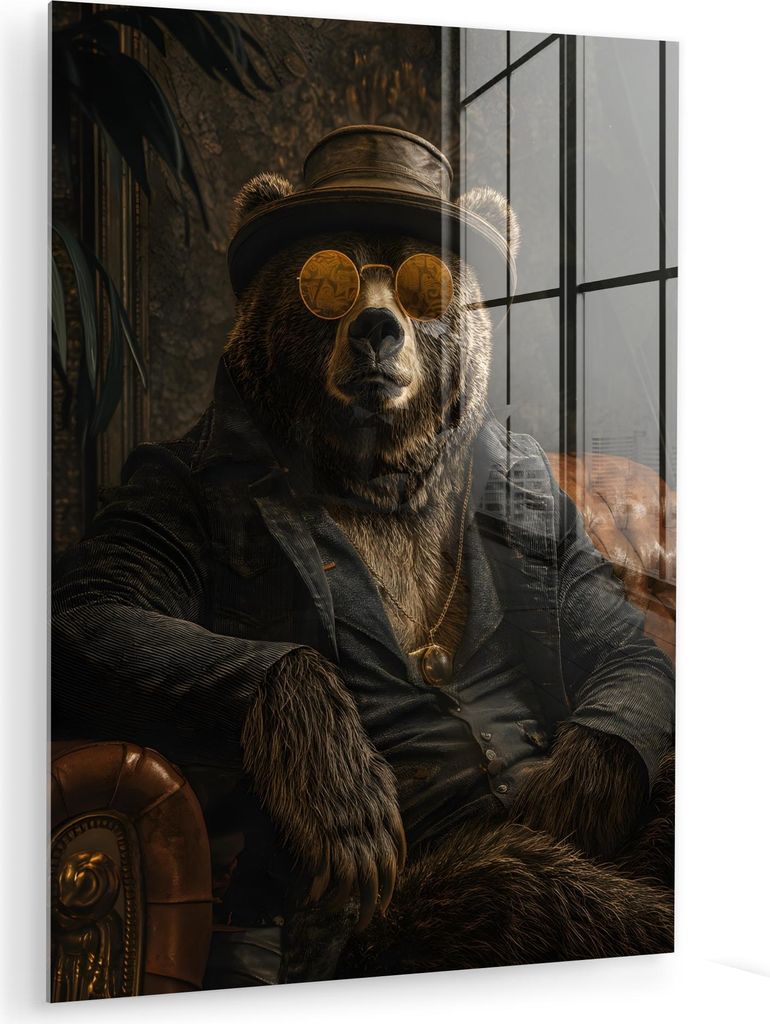 MuchoWow Glasbilder - Bilder auf Wandbild - Foto auf Glas Bär - Braun - Anzug - Hut 30x40 cm Wanddekoration aus Glas - Acrylglasbild - Acrylbilder...