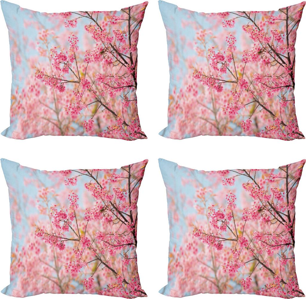 ABAKUHAUS Blumen Kissenbezug Set (4 Stück), Japanische Sakura Kirsche, Moderner Doppelseitiger Digitaldruck, 60 cm x 60 cm, Pale Pink Baby Blue