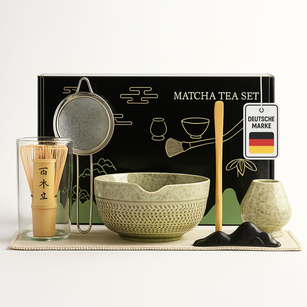 Roxlin Matcha Set Tea (7-teilig) Keramik, Bambus Matcha Schneebesen, handgemachte Schale, Sieb & Zubehör