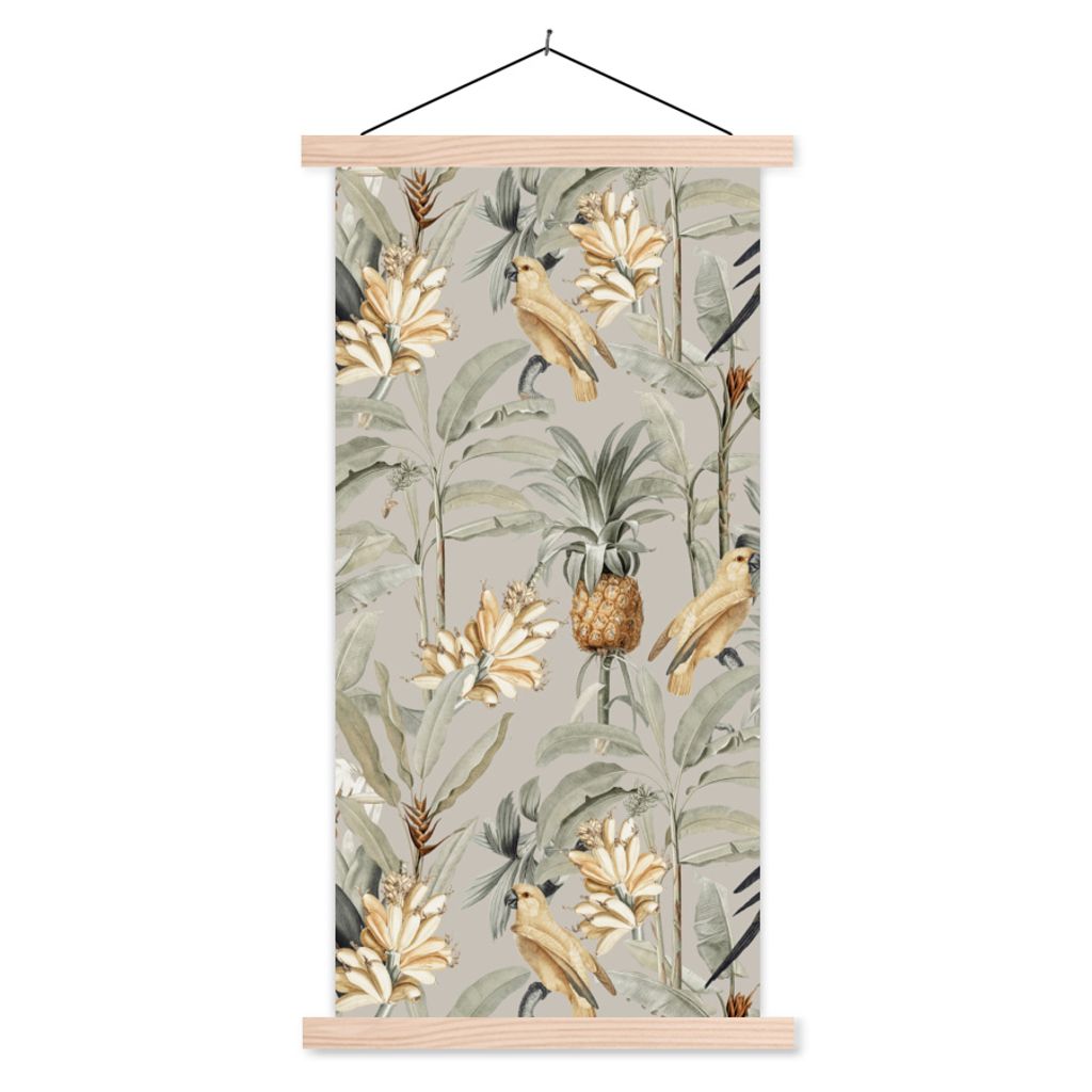 MuchoWow Textilposter Blume - Ananas - Vogel 60x120 cm mit holzfarbenen Rahmen - Holz