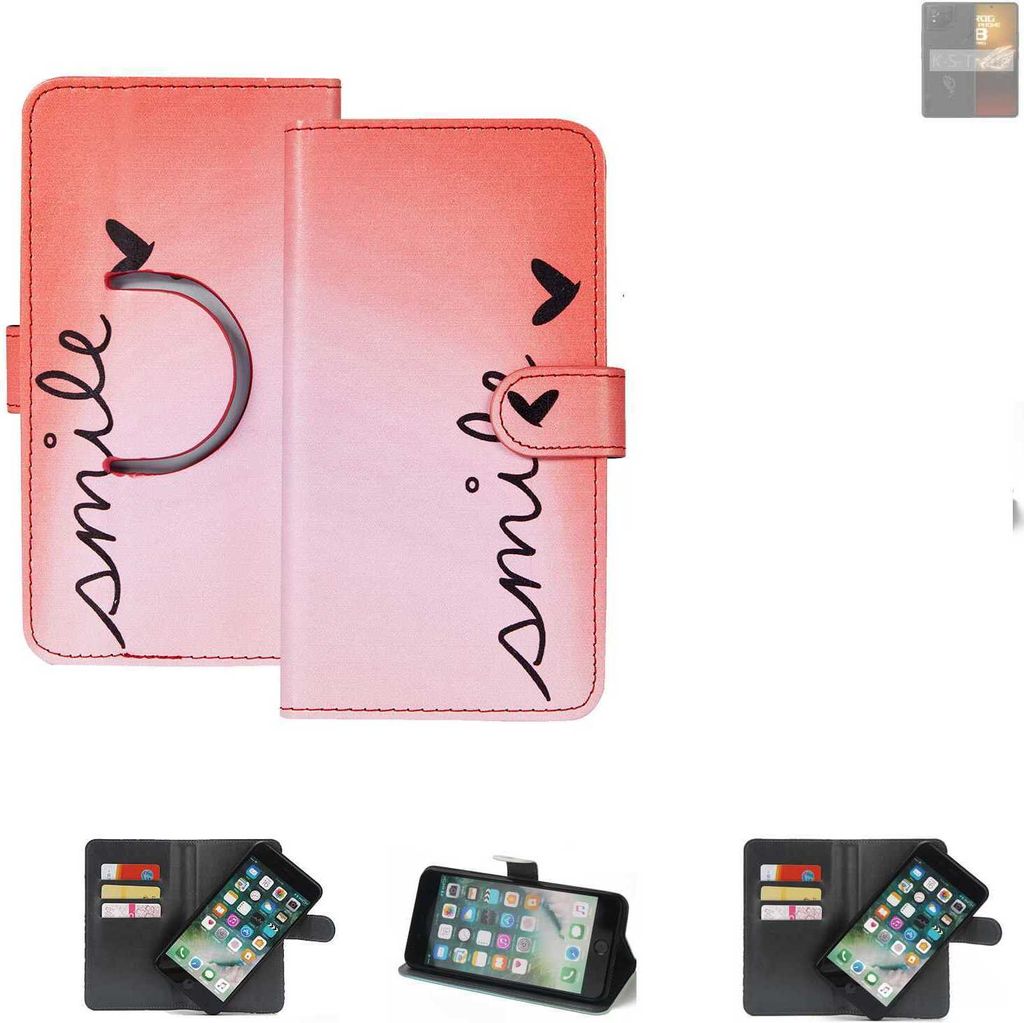 K-S-Trade Schutzhülle Handyhülle kompatibel mit Asus ROG phone 8 Pro Edition Hülle cover bookstyle Etui ''smile'' rot Standfunktion Kameraschutz