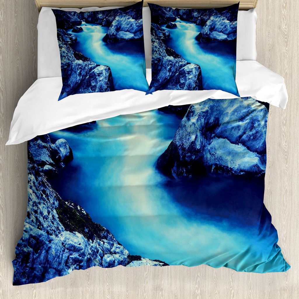 ABAKUHAUS Wasserfall Bettbezug, Gefrorener See im Winter, Milbensicher Allergiker geeignet mit Kissenbezügen, 200 cm x 200 cm - 80 x 80 cm, Blau u...