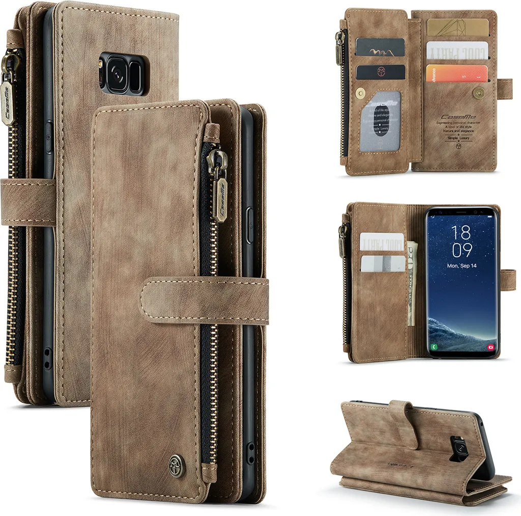 Custodia a Libro Galaxy S8 - Flip Cover Marrone con Zip Regalo