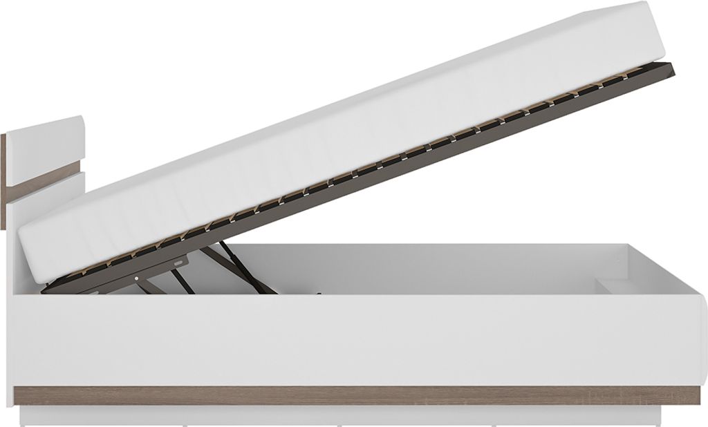 Doppelbett 140cm mit aufklappbarem Bettgestell LEGNICA-129 in weiß Hochglanz mit Trüffel Eiche Nb., B/H/T ca. 145,2/88,5/206,4 cm
