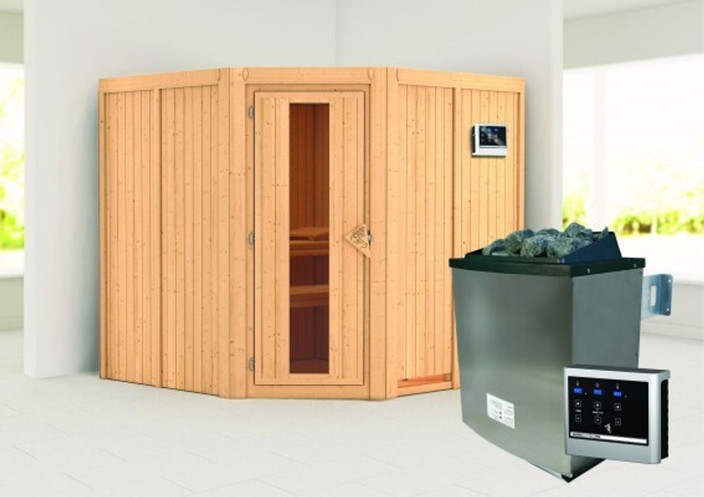 Karibu Sauna Innensauna Jarin Eckeinstieg Ofen 9 KW externe Strg easy 196x196x198 cm ohne Dachkranz mit Energiespartür